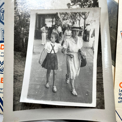 1930s French vintage photographs lot with Gevaert film and paper ephemera, showing everyday life and advertisements.