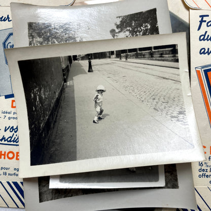 1930s French vintage photographs lot with Gevaert film and paper ephemera, showing everyday life and advertisements.