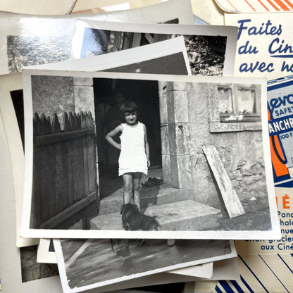 1930s French vintage photographs lot with Gevaert film and paper ephemera, showing everyday life and advertisements.