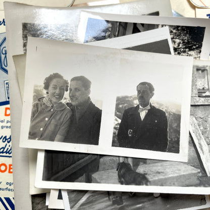 1930s French vintage photographs lot with Gevaert film and paper ephemera, showing everyday life and advertisements.