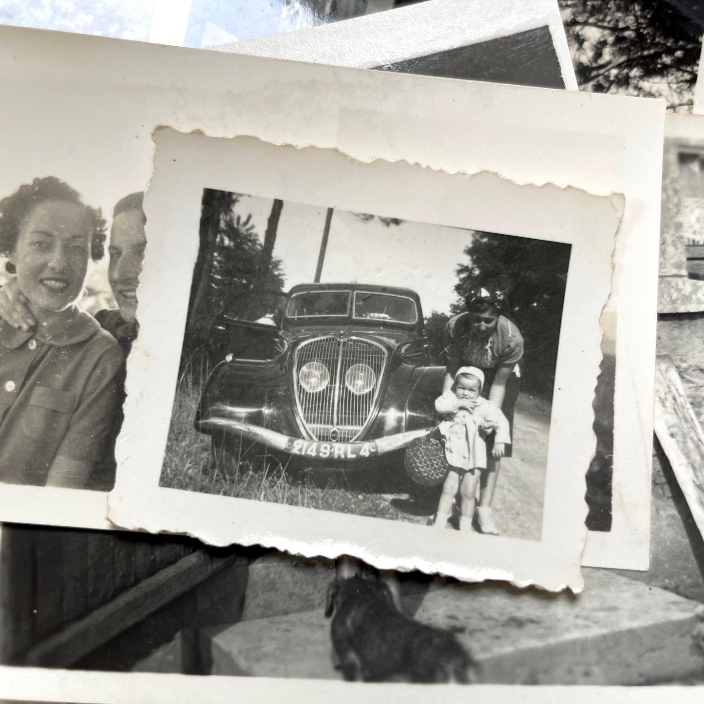 1930s French vintage photographs lot with Gevaert film and paper ephemera, showing everyday life and advertisements.