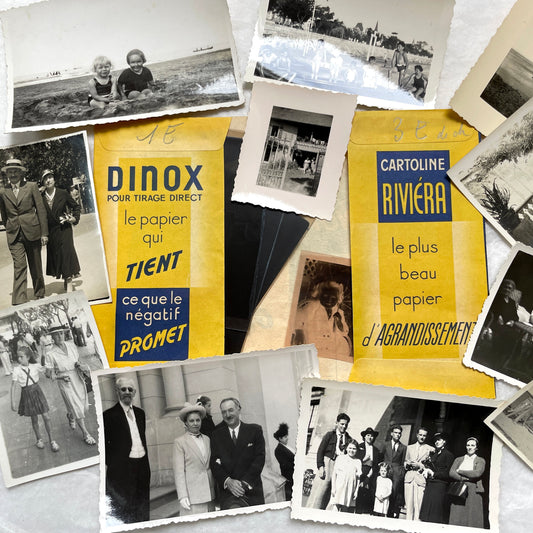 1930s vintage French photo lot with black and white pictures of family, children on the beach, and elegant couples.