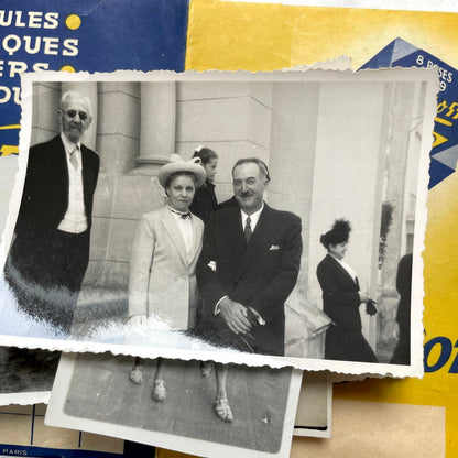 1930s vintage French photo lot with black and white pictures of family, children on the beach, and elegant couples.