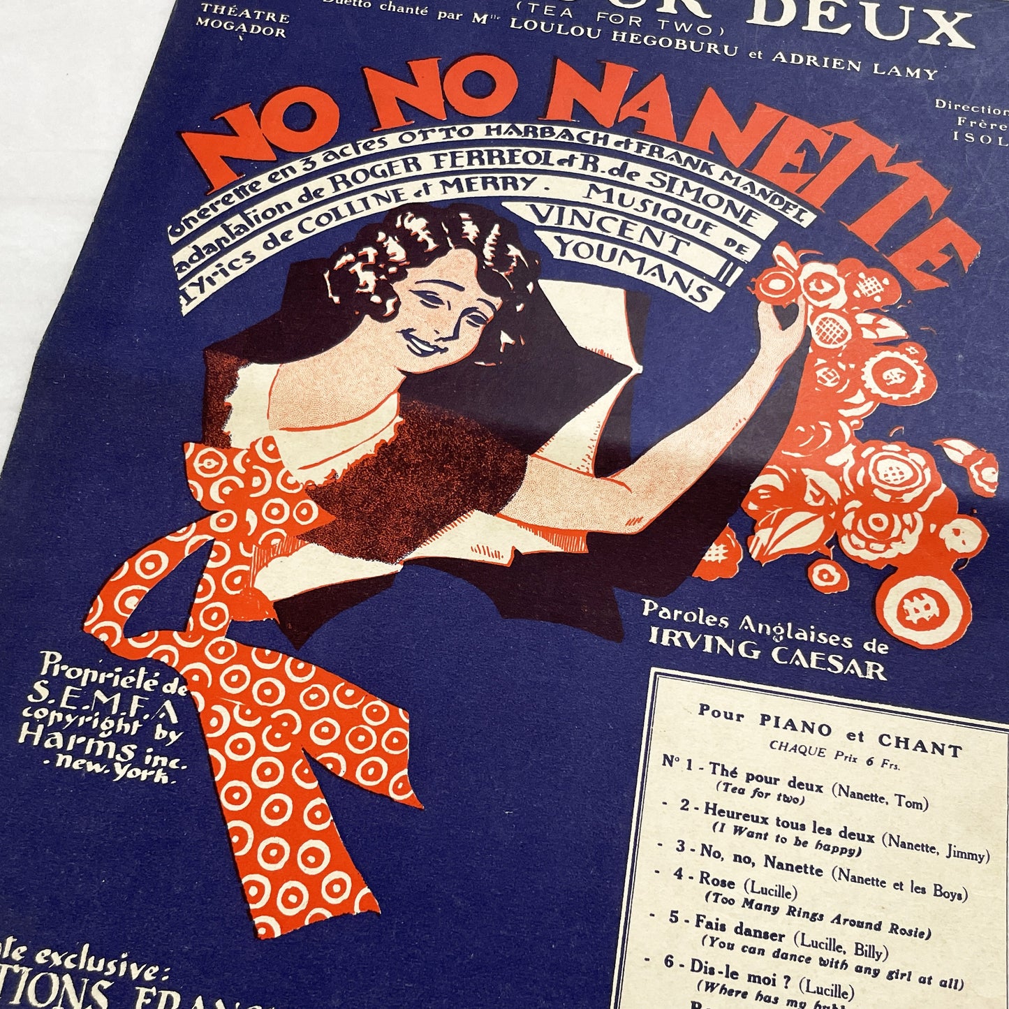 1920s - Vintage Sheet Music - Tea for Two - No No Nanette Operetta - Vincent Youmans Music - French Adaptation - 1926 Copyright Edition.