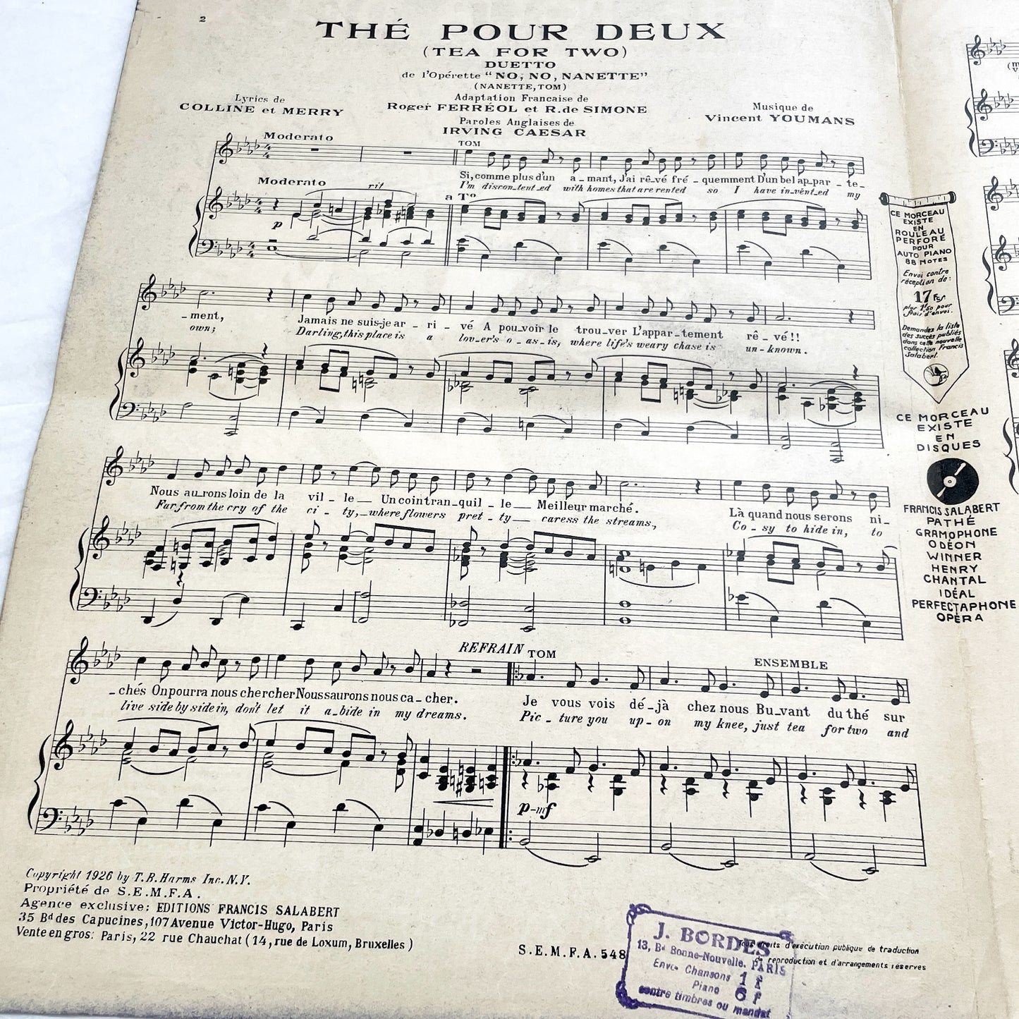 1920s - Vintage Sheet Music - Tea for Two - No No Nanette Operetta - Vincent Youmans Music - French Adaptation - 1926 Copyright Edition.