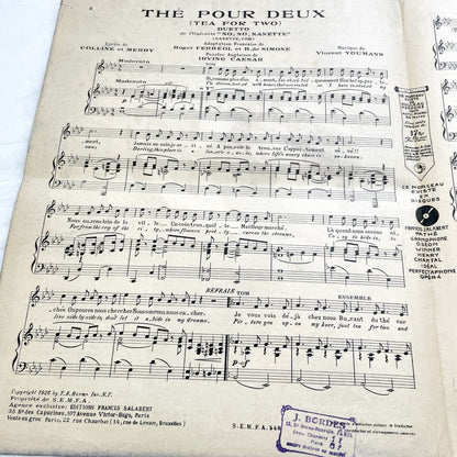 1920s - Vintage Sheet Music - Tea for Two - No No Nanette Operetta - Vincent Youmans Music - French Adaptation - 1926 Copyright Edition.
