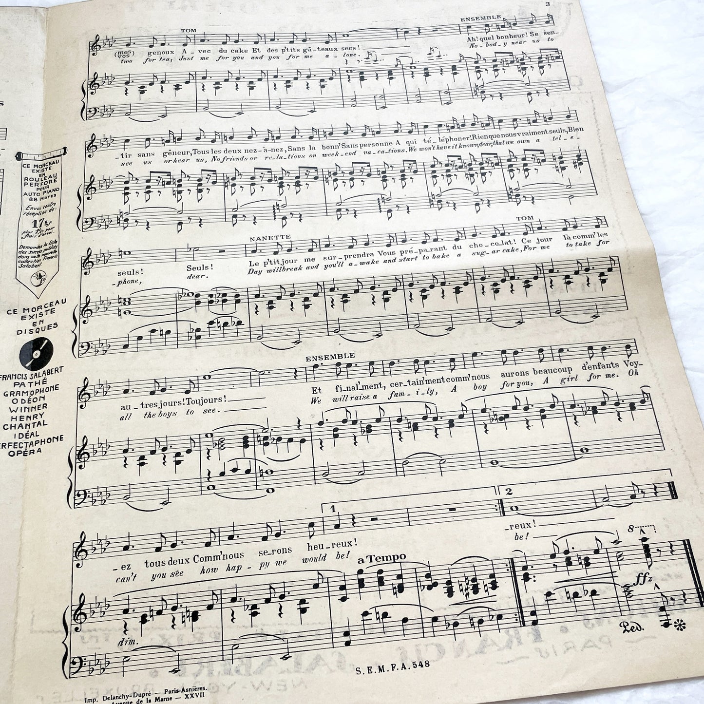 1920s - Vintage Sheet Music - Tea for Two - No No Nanette Operetta - Vincent Youmans Music - French Adaptation - 1926 Copyright Edition.