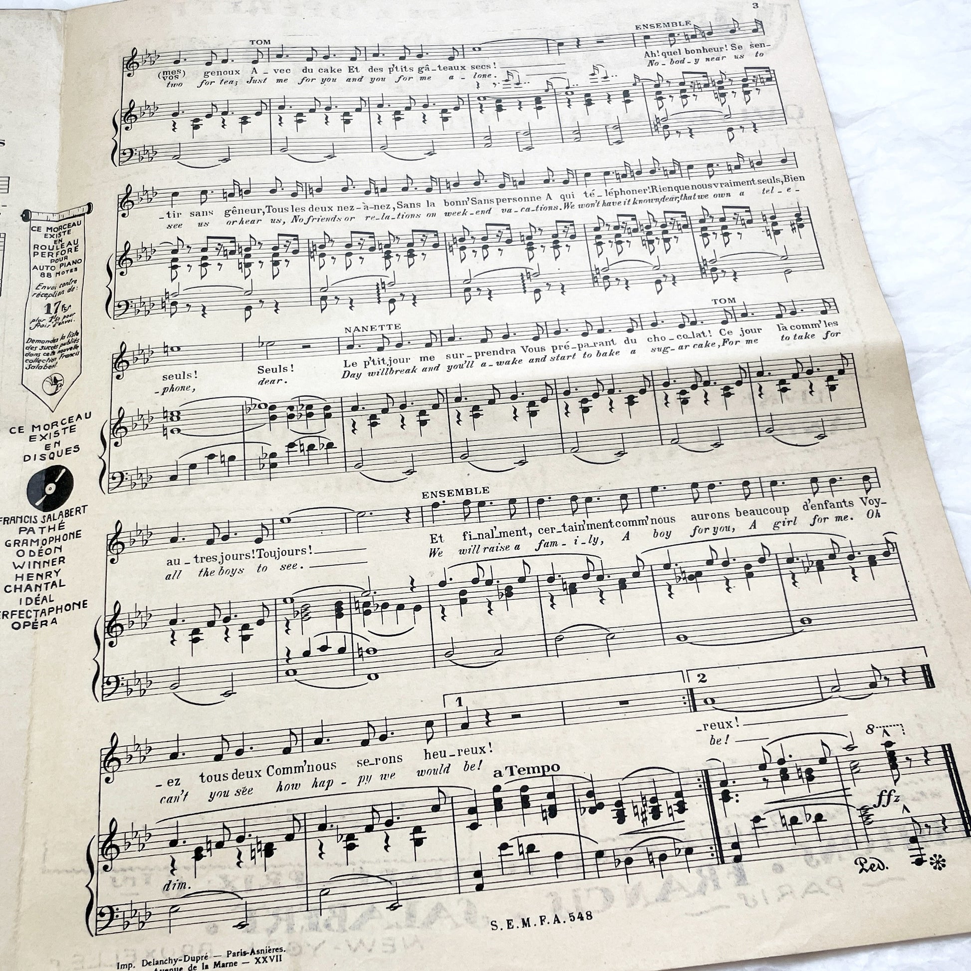 1920s - Vintage Sheet Music - Tea for Two - No No Nanette Operetta - Vincent Youmans Music - French Adaptation - 1926 Copyright Edition.