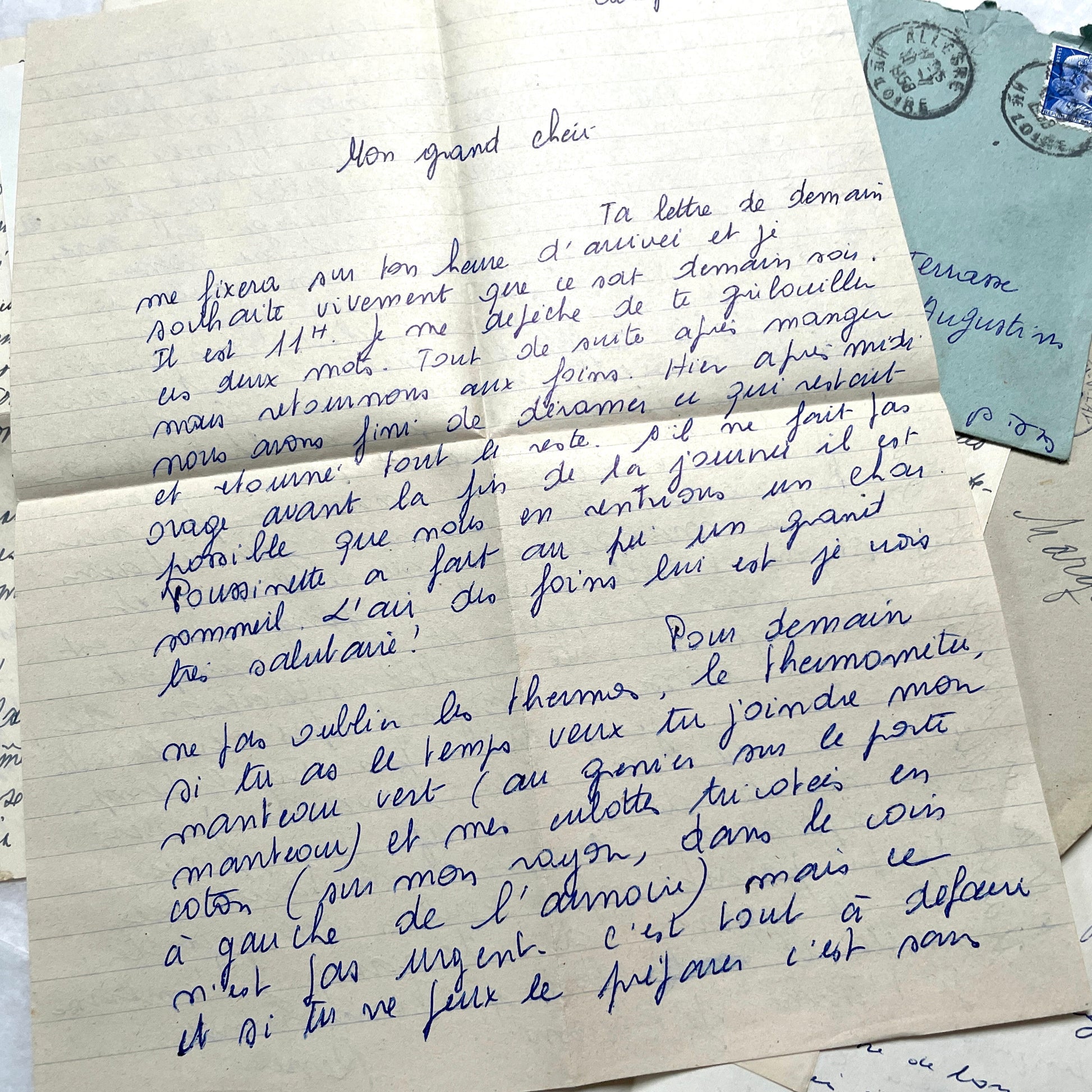 Set of 5 1950s French handwritten letters with envelopes and vintage stamps, showing personal correspondence.