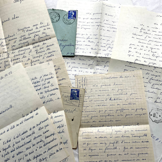 French 1950s handwritten letters and envelopes set with vintage stamps and clear postmarks, showcasing original correspondenc