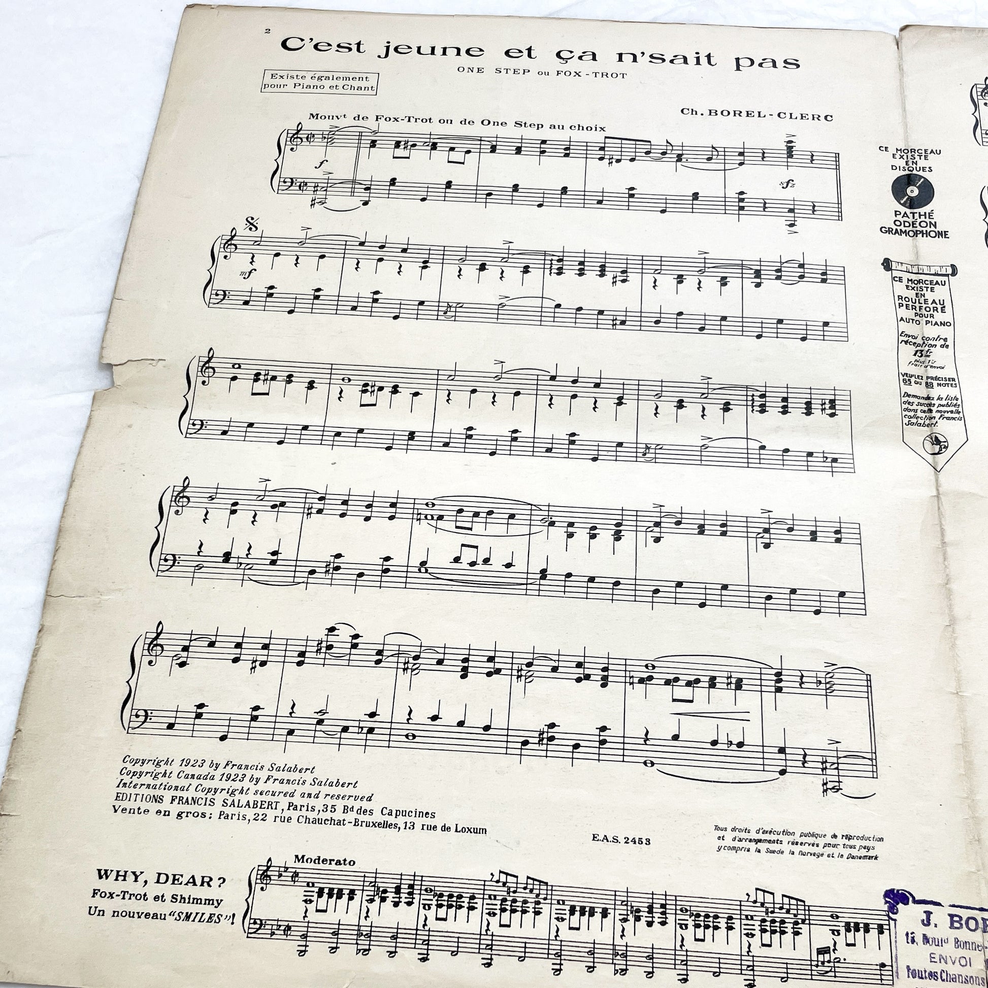 1920s - Vintage French Music Sheet - 'C'est Jeune Et Ça N'sait Pas' - Popular Song Of Casino De Paris
