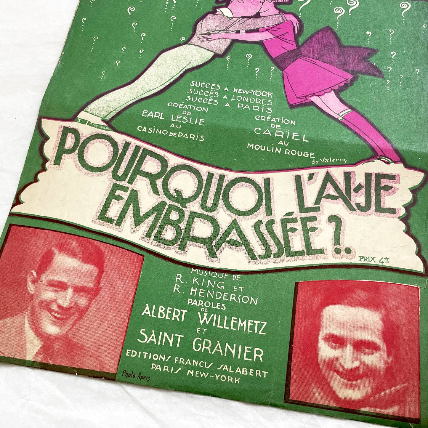 1920s - Vintage Music Sheet - 'Why Did I Kiss That Girl' - 'Pourquoi L'Aje Embrassée ?' - French-American Popular Song - Salabert