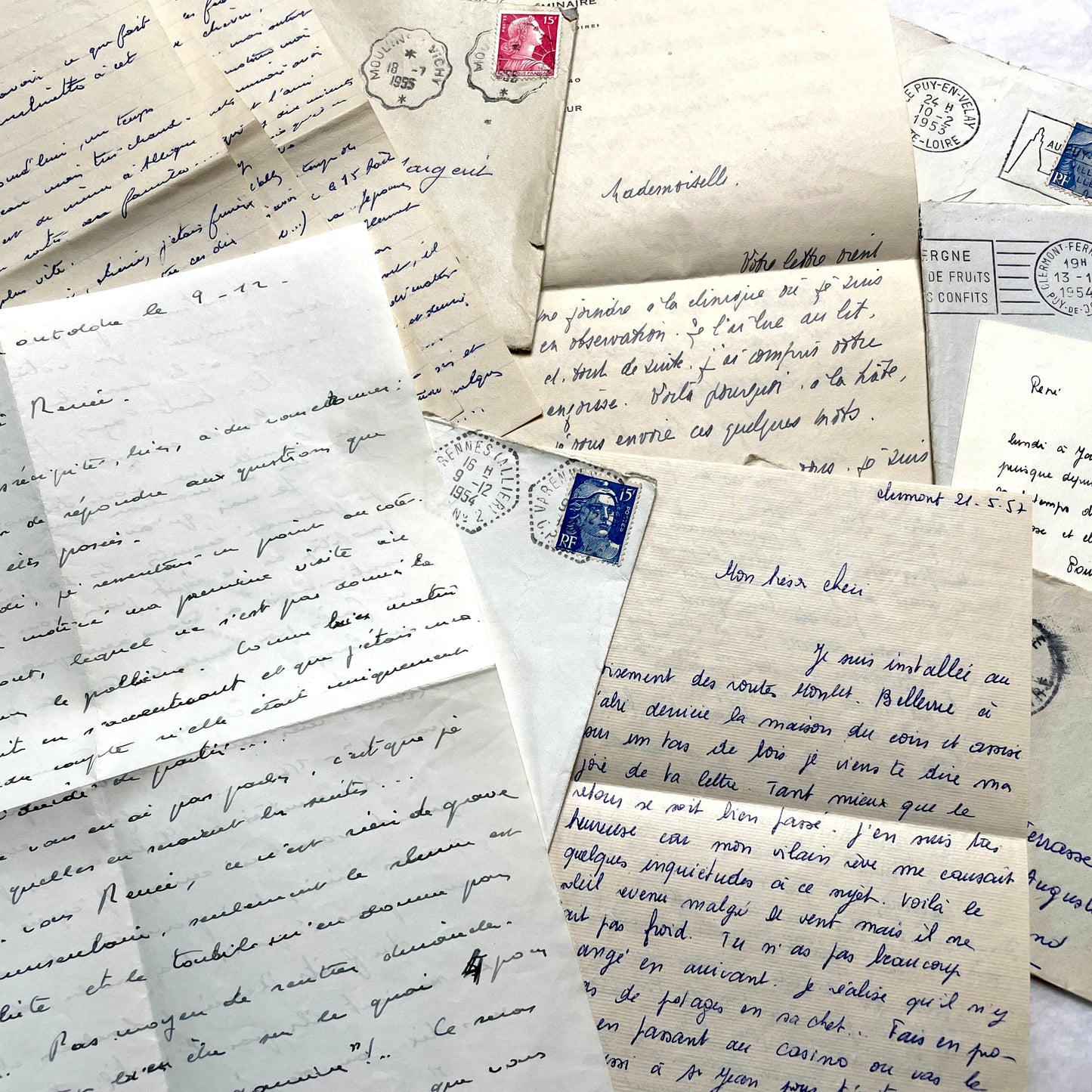 1950s French handwritten letters and envelopes set. Vintage correspondence with stamps and postmarks.