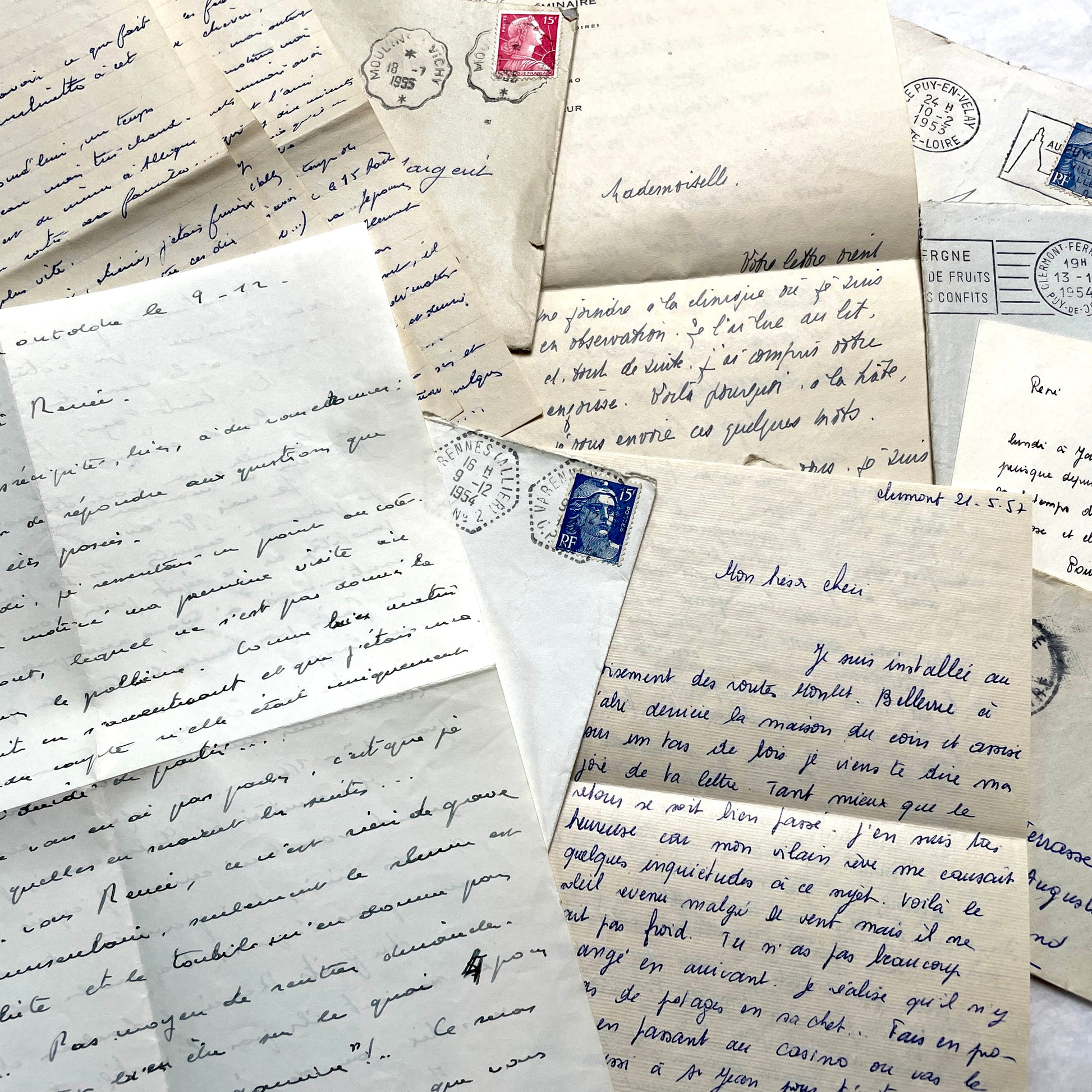 1950s French handwritten letters and envelopes set. Vintage correspondence with stamps and postmarks.