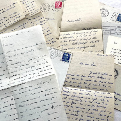 1950s French handwritten letters and envelopes set. Vintage correspondence with stamps and postmarks.