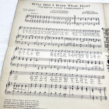 1920s - Vintage Music Sheet - 'Why Did I Kiss That Girl' - 'Pourquoi L'Aje Embrassée ?' - French-American Popular Song - Salabert
