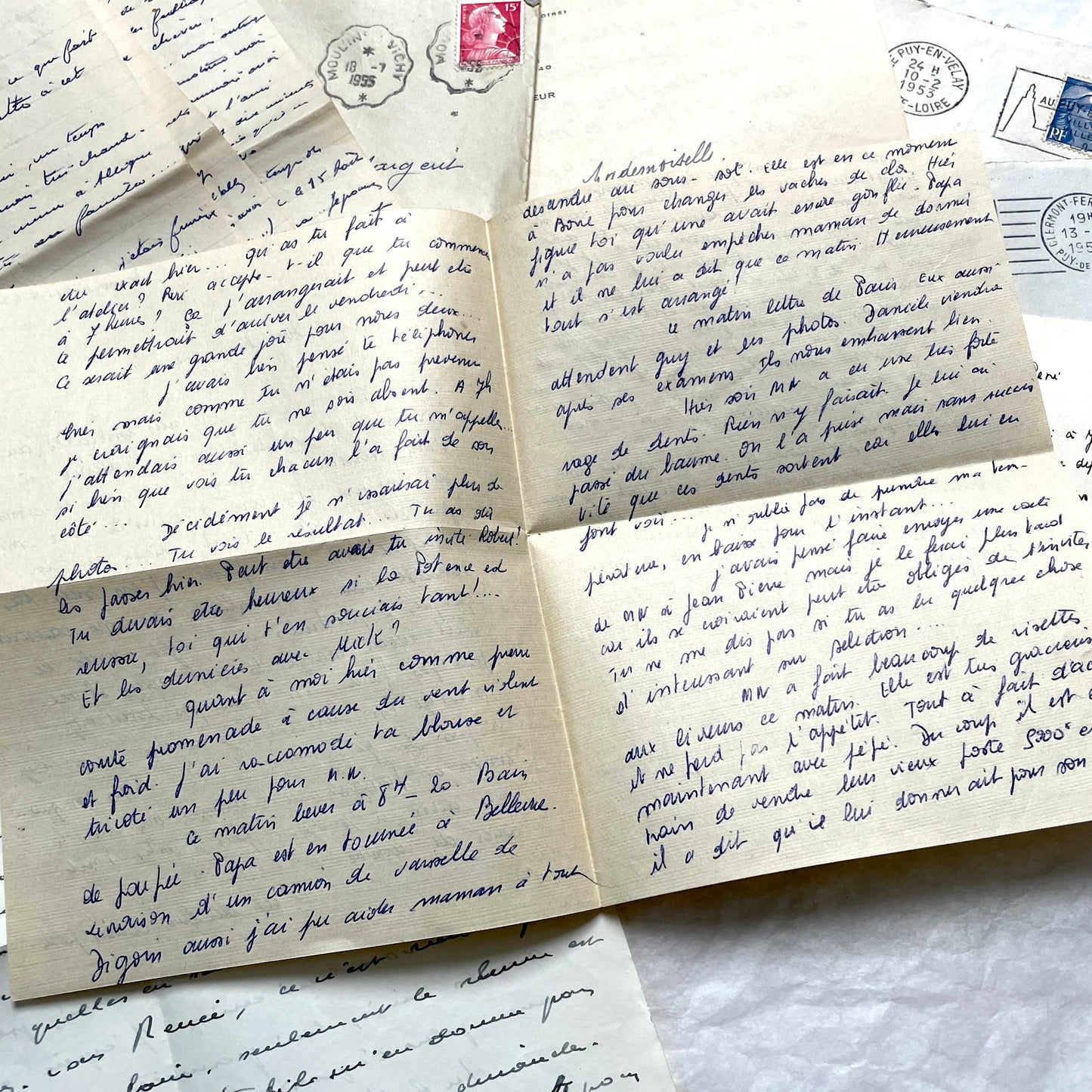 1950s French handwritten letters and envelopes set. Vintage correspondence with stamps and postmarks.