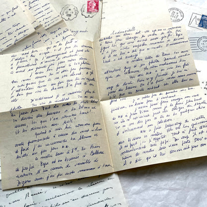 1950s French handwritten letters and envelopes set. Vintage correspondence with stamps and postmarks.