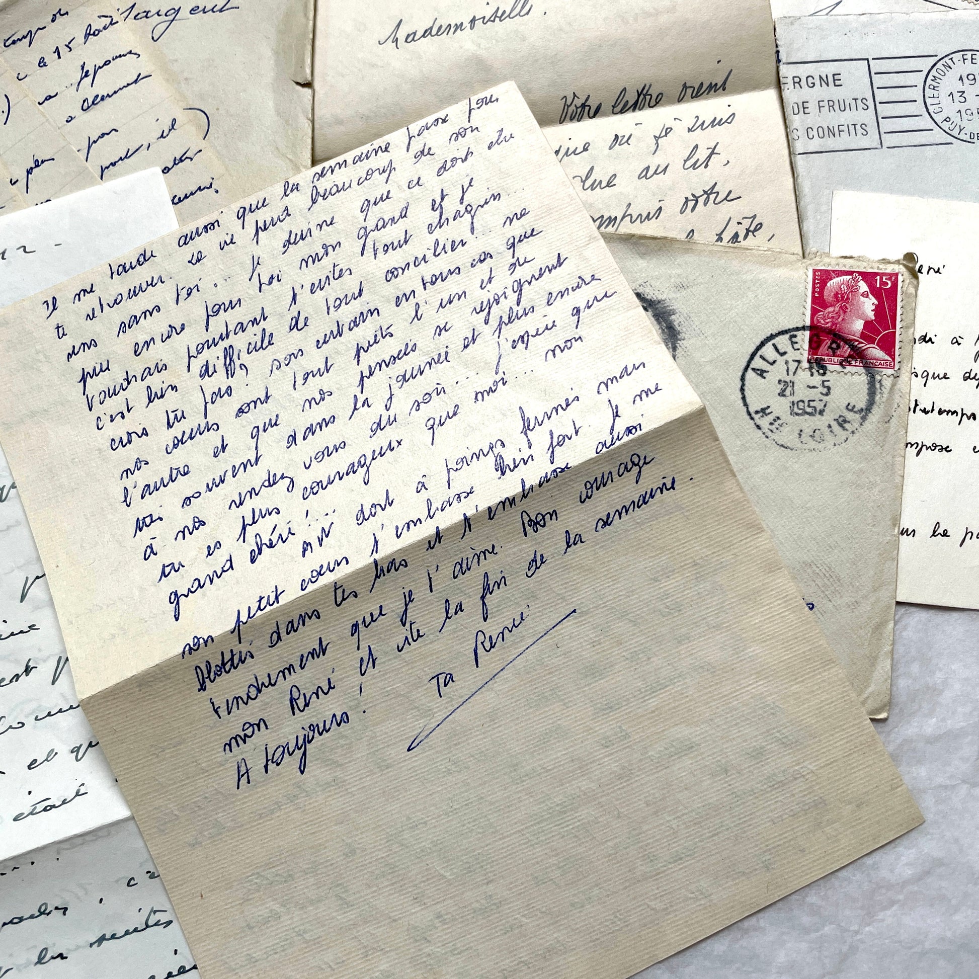 1950s French handwritten letters and envelopes set. Vintage correspondence with stamps and postmarks.