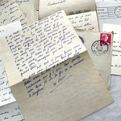1950s French handwritten letters and envelopes set. Vintage correspondence with stamps and postmarks.