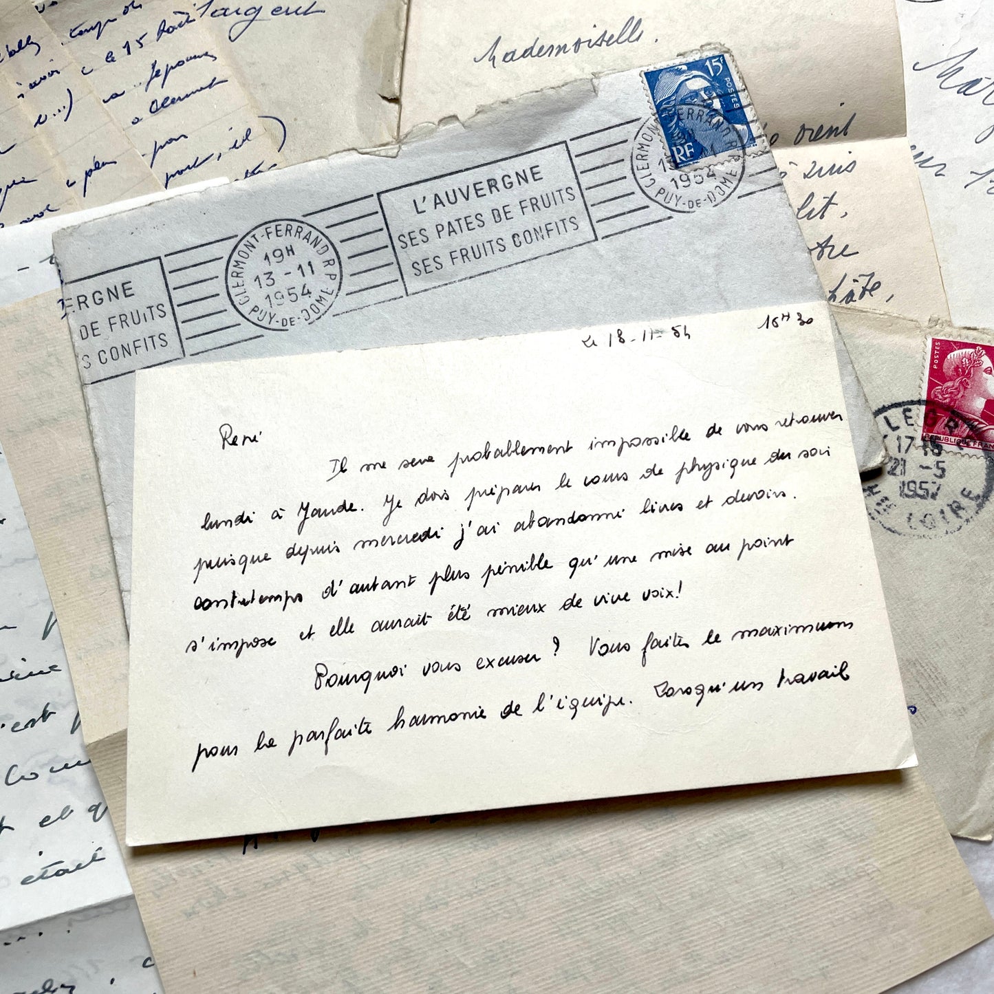 1950s French handwritten letters and envelopes set. Vintage correspondence with stamps and postmarks.