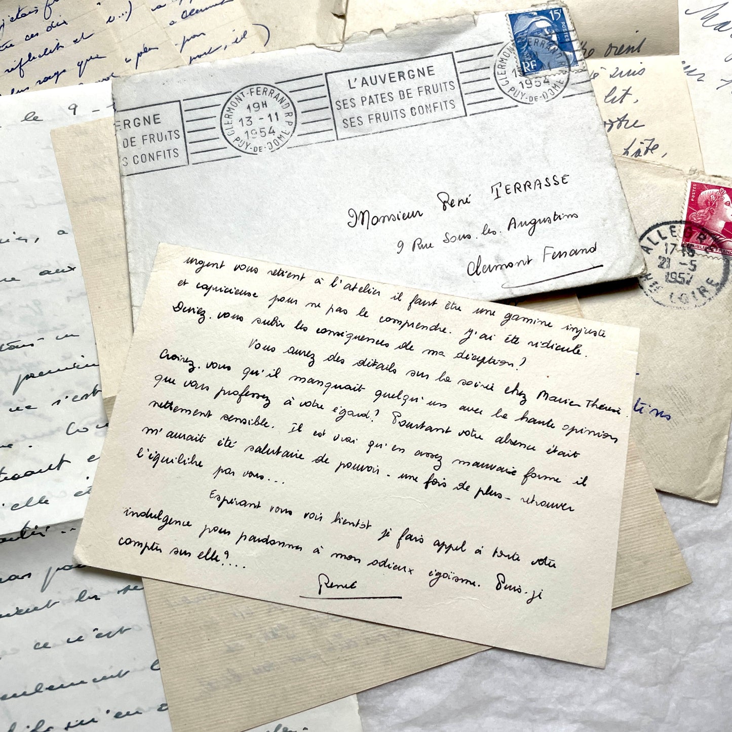 1950s French handwritten letters and envelopes set. Vintage correspondence with stamps and postmarks.