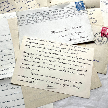 1950s French handwritten letters and envelopes set. Vintage correspondence with stamps and postmarks.