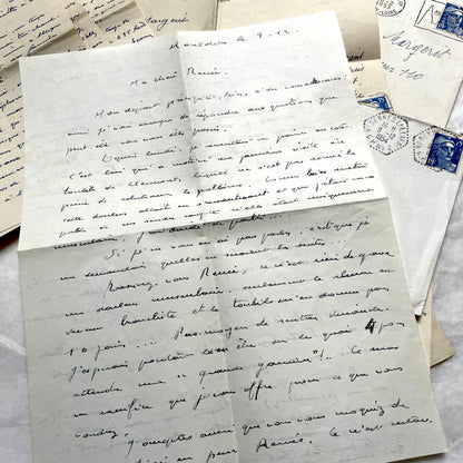 1950s French handwritten letters and envelopes set. Vintage correspondence with stamps and postmarks.