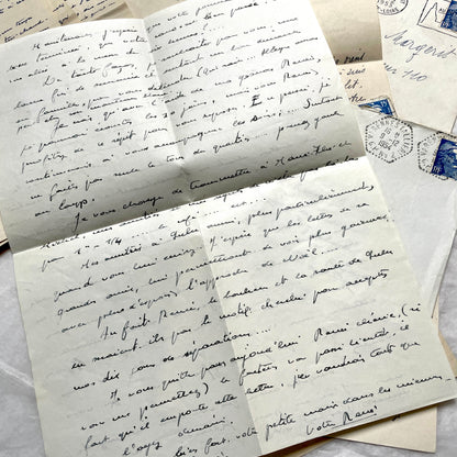 1950s French handwritten letters and envelopes set. Vintage correspondence with stamps and postmarks.