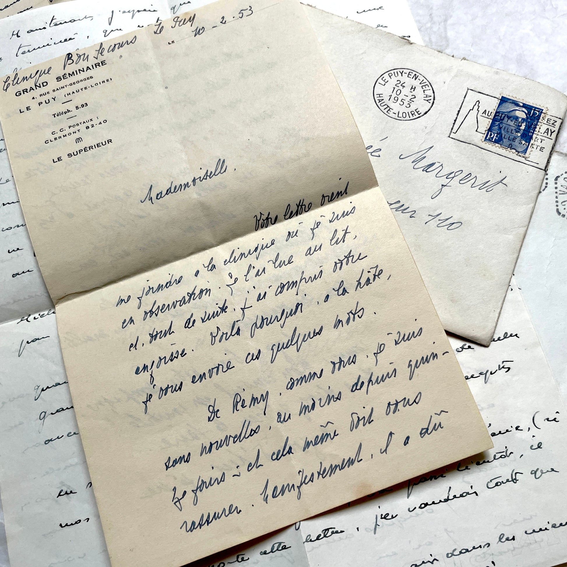 1950s French handwritten letters and envelopes set. Vintage correspondence with stamps and postmarks.