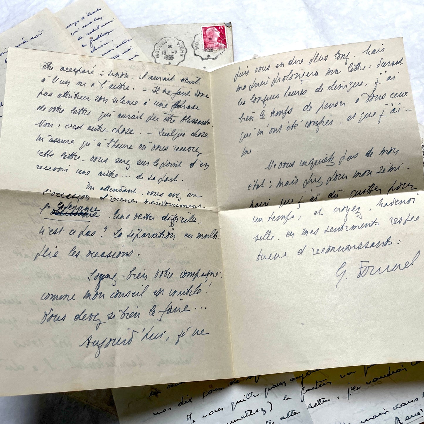 1950s French handwritten letters and envelopes set. Vintage correspondence with stamps and postmarks.