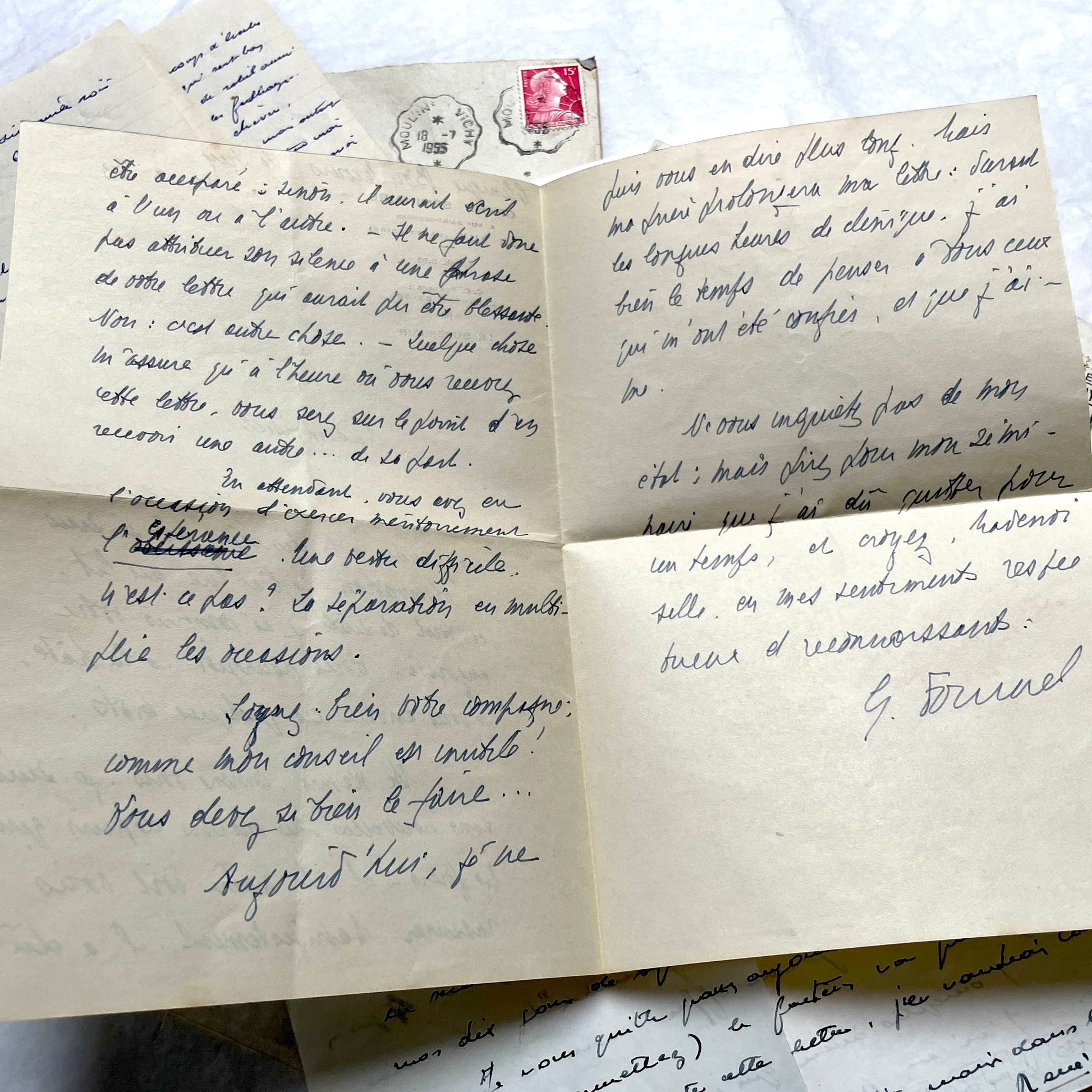 1950s French handwritten letters and envelopes set. Vintage correspondence with stamps and postmarks.