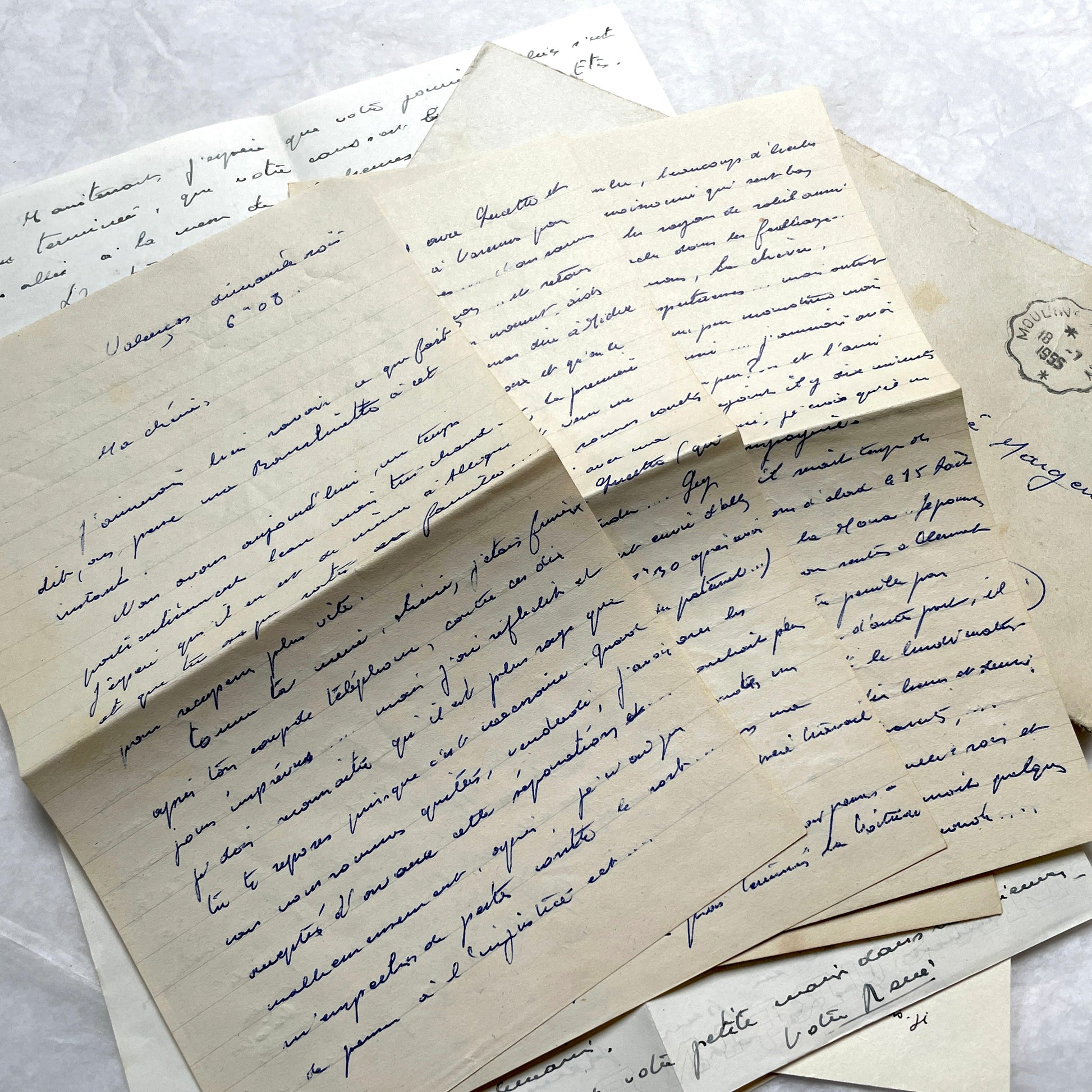1950s French handwritten letters and envelopes set. Vintage correspondence with stamps and postmarks.