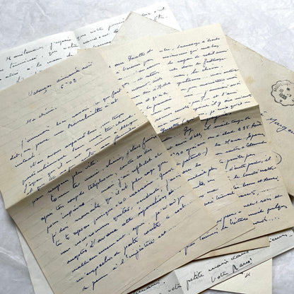 1950s French handwritten letters and envelopes set. Vintage correspondence with stamps and postmarks.