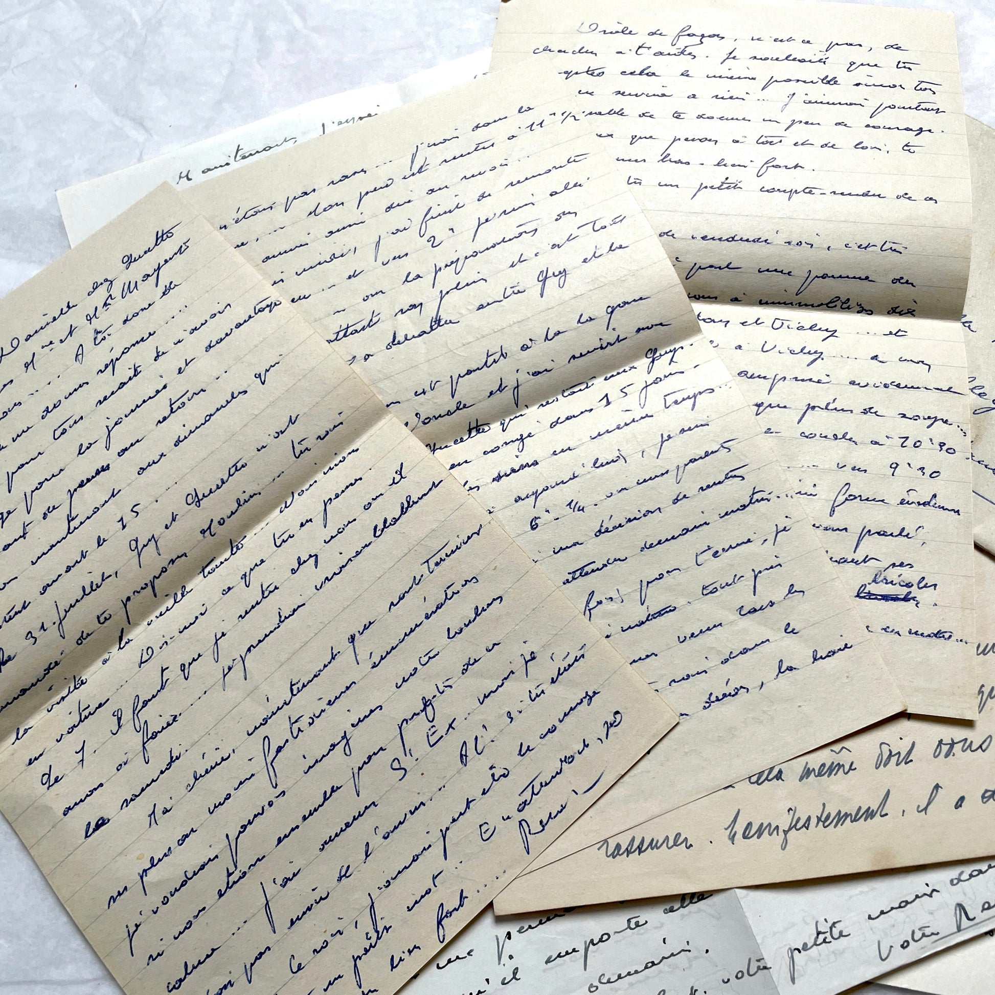 1950s French handwritten letters and envelopes set. Vintage correspondence with stamps and postmarks.