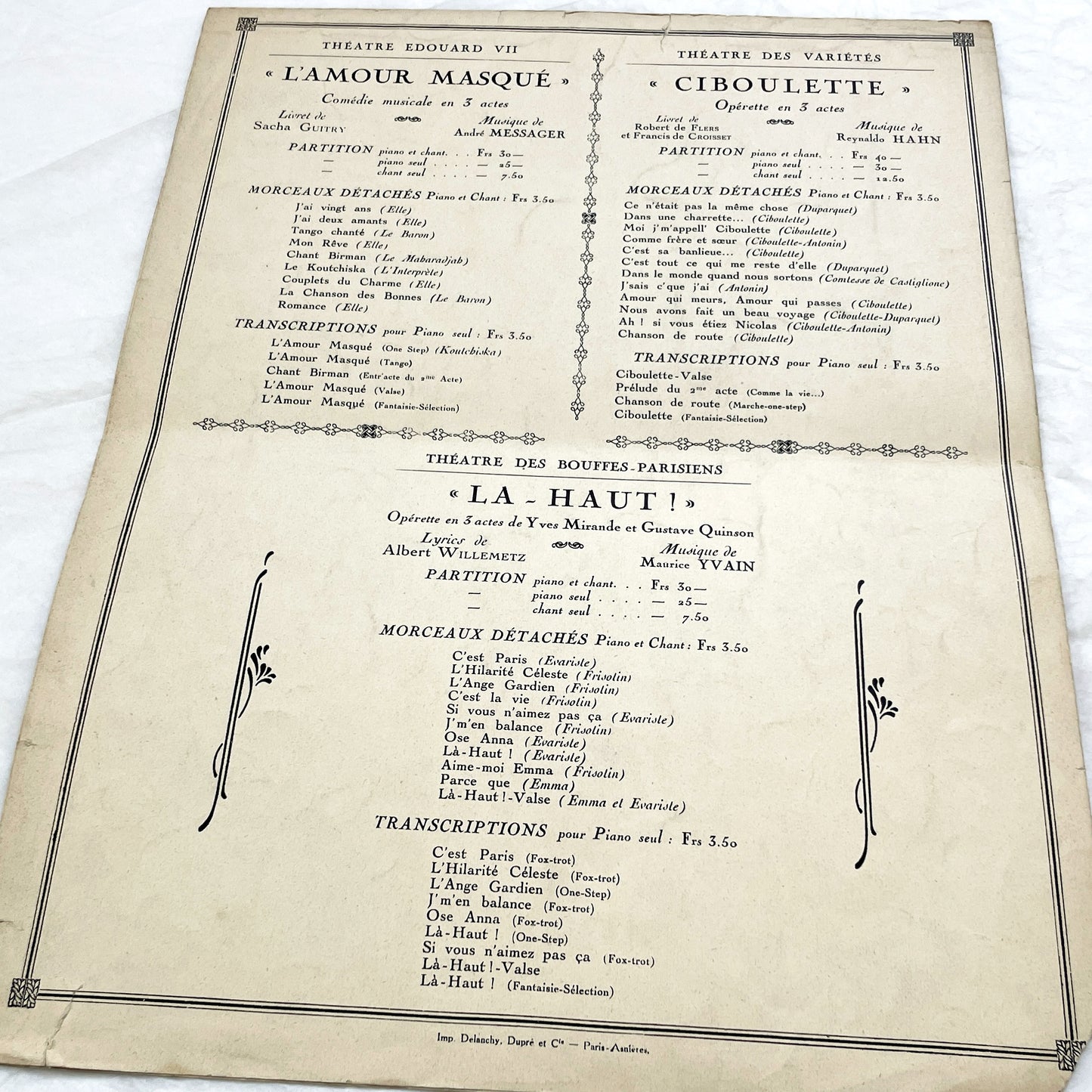 1920s - Vintage French Sheet Music - Chanson de Route - Ciboulette Operetta by Reynaldo Hahn - Éditions Salabert - Paris - Edmée Favart