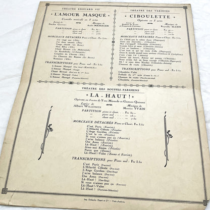 1920s - Vintage French Sheet Music - Chanson de Route - Ciboulette Operetta by Reynaldo Hahn - Éditions Salabert - Paris - Edmée Favart