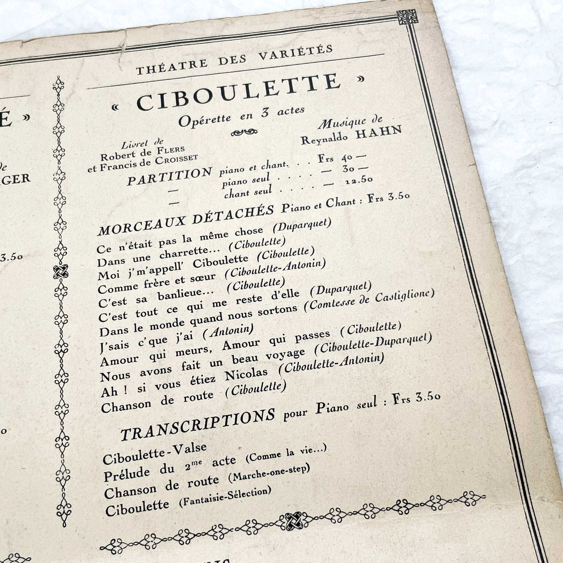 1920s - Vintage French Sheet Music - Chanson de Route - Ciboulette Operetta by Reynaldo Hahn - Éditions Salabert - Paris - Edmée Favart