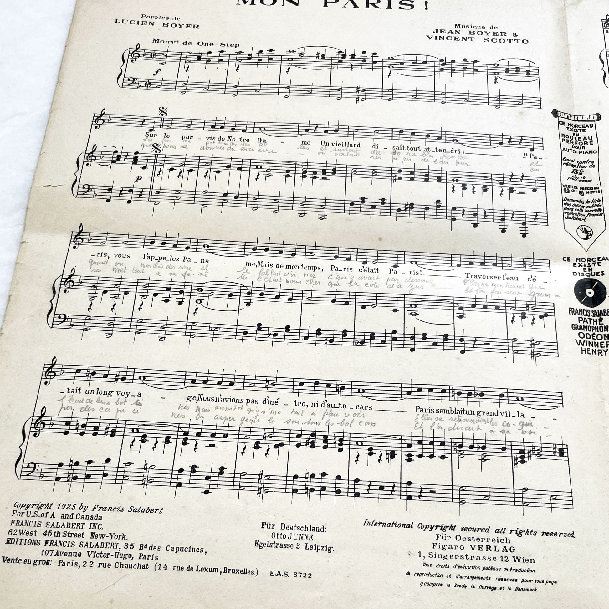 1920s - Vintage French Sheet Music 'Mon Paris' - Lucien Boyer & Vincent Scotto - Paris-Voyeur Revue - Gershwin Fox-Trot Adverts