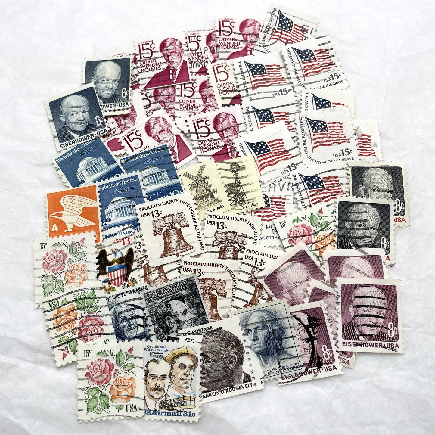 1970s - Lot of 50 Vintage U.S. Postage Stamps - American History & Presidents - Liberty Bell - Flowers & Flag Designs