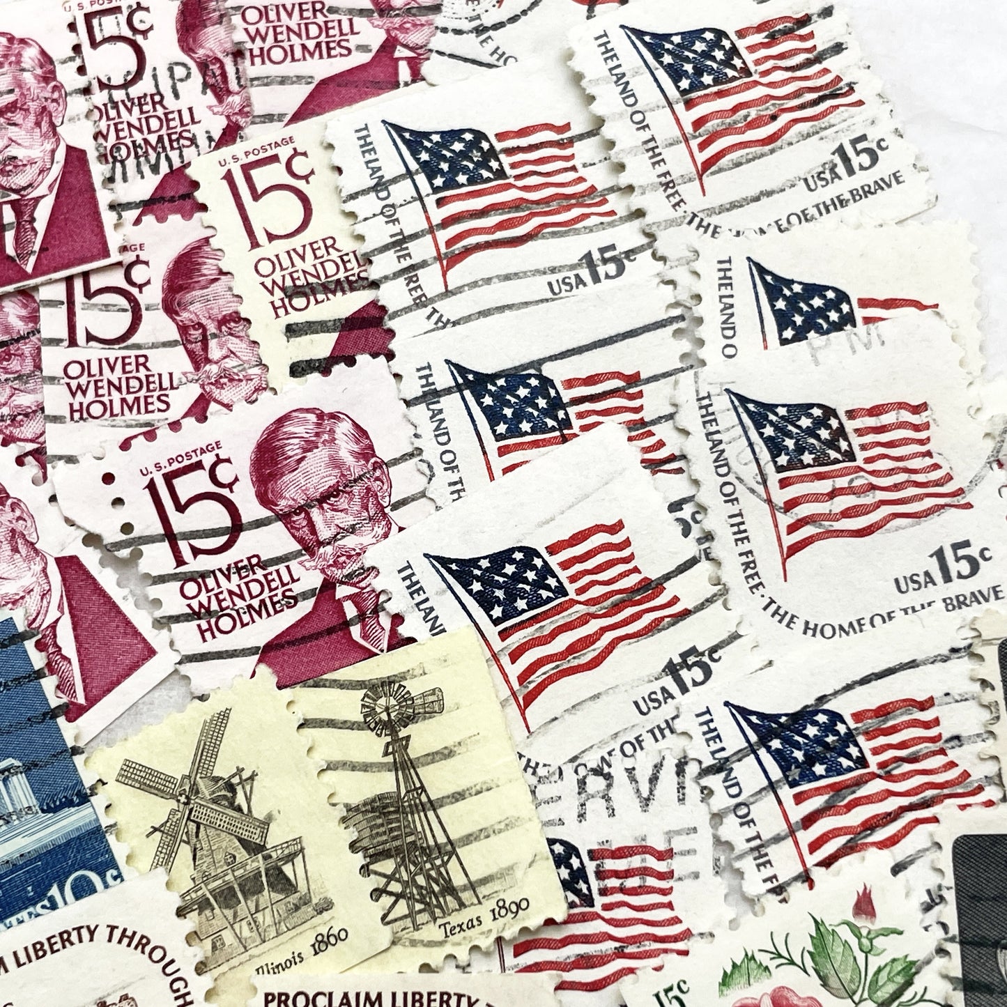 1970s - Lot of 50 Vintage U.S. Postage Stamps - American History & Presidents - Liberty Bell - Flowers & Flag Designs