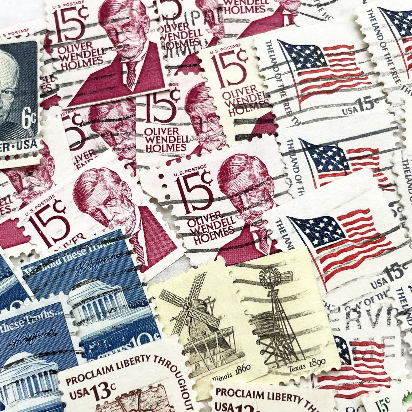 1970s - Lot of 50 Vintage U.S. Postage Stamps - American History & Presidents - Liberty Bell - Flowers & Flag Designs