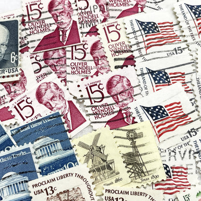 1970s - Lot of 50 Vintage U.S. Postage Stamps - American History & Presidents - Liberty Bell - Flowers & Flag Designs