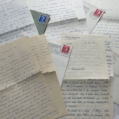 A set of 1950s French letters and envelopes with handwritten text, original stamps, and various postmarks from France.