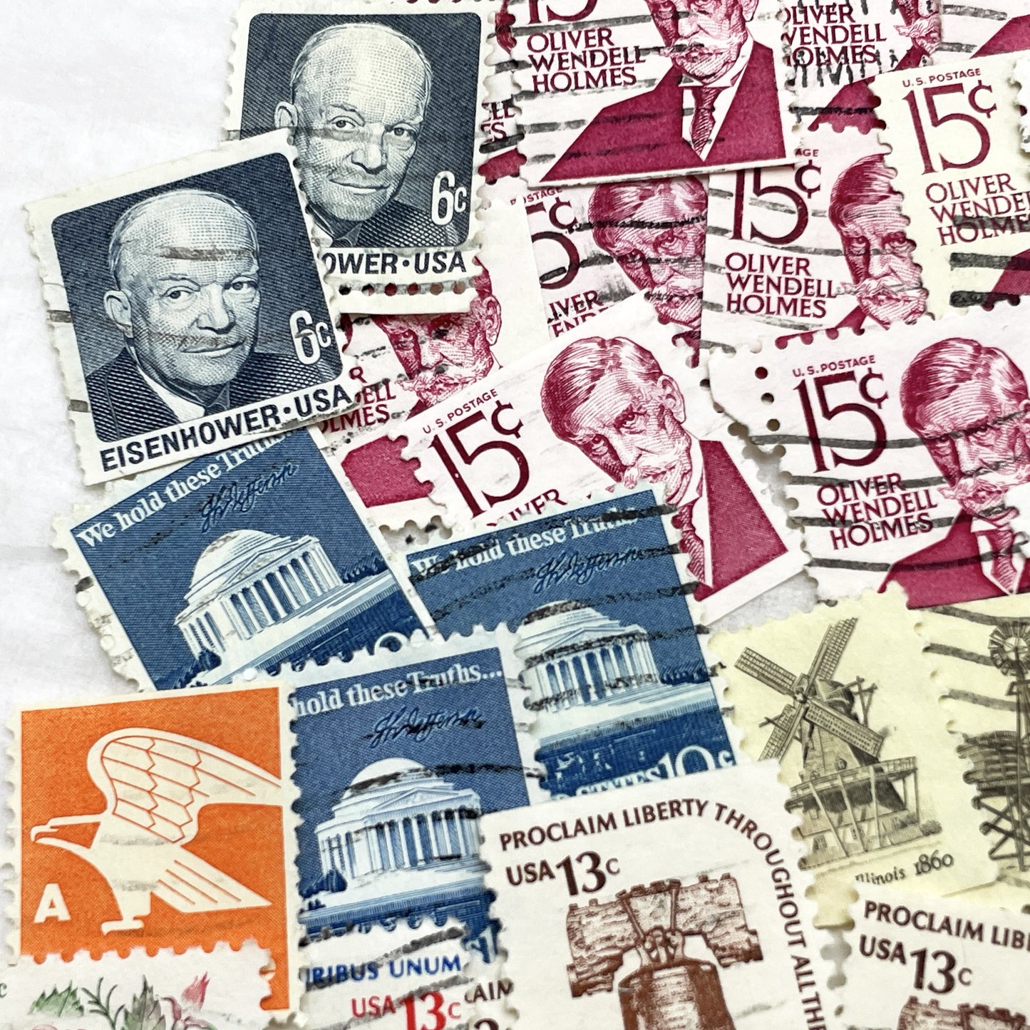 1970s - Lot of 50 Vintage U.S. Postage Stamps - American History & Presidents - Liberty Bell - Flowers & Flag Designs