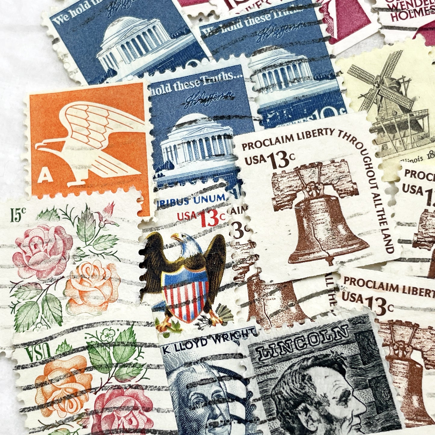 1970s - Lot of 50 Vintage U.S. Postage Stamps - American History & Presidents - Liberty Bell - Flowers & Flag Designs