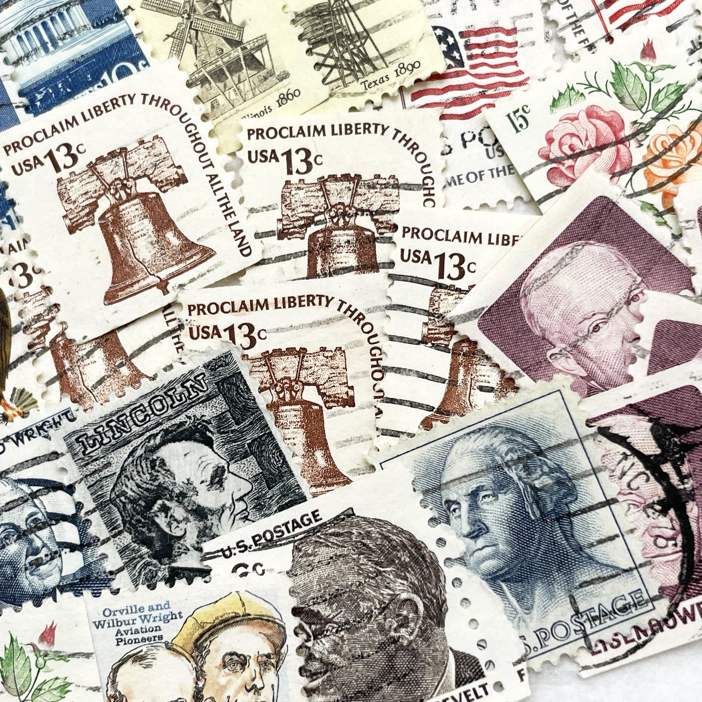 1970s - Lot of 50 Vintage U.S. Postage Stamps - American History & Presidents - Liberty Bell - Flowers & Flag Designs