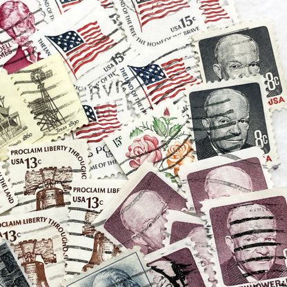 1970s - Lot of 50 Vintage U.S. Postage Stamps - American History & Presidents - Liberty Bell - Flowers & Flag Designs