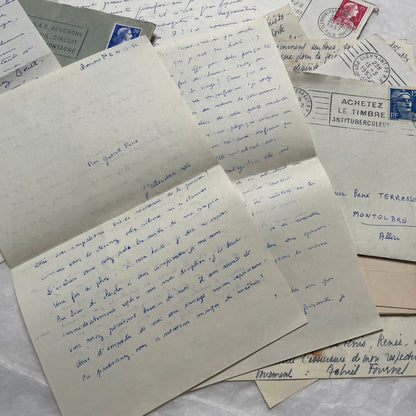 A set of 1950s French letters and envelopes with handwritten text, original stamps, and various postmarks from France.