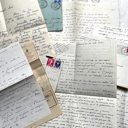 1950s French handwritten letters and envelopes with vintage stamps and postmarks, authentic paper ephemera.